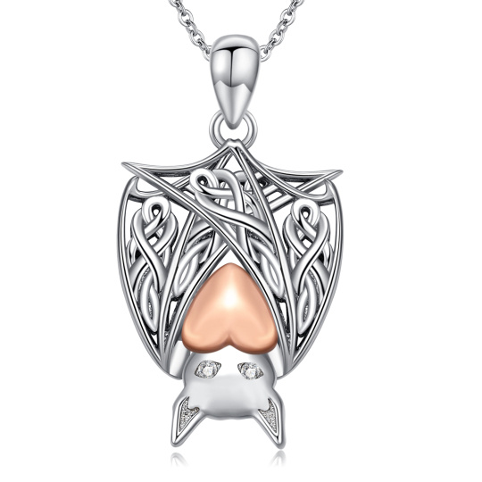 10K Silver & Rose Gold Moissanite Bat & Heart Pendant Necklace