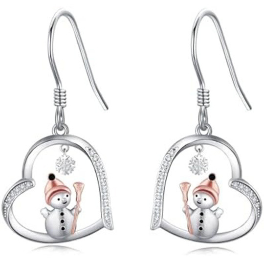 Pendientes colgantes de plata 10K y oro rosa con moissanita, diseño de corazón, copo de nieve y muñeco de nieve