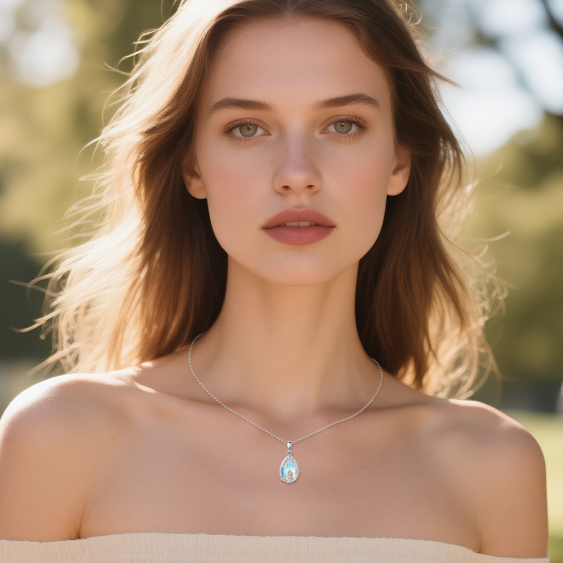 18K Silver & Rose Gold Moonstone Father & Daughter Pendant Necklace-2