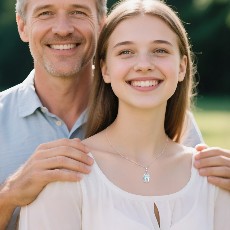 18K Silver & Rose Gold Moonstone Father & Daughter Pendant Necklace-3