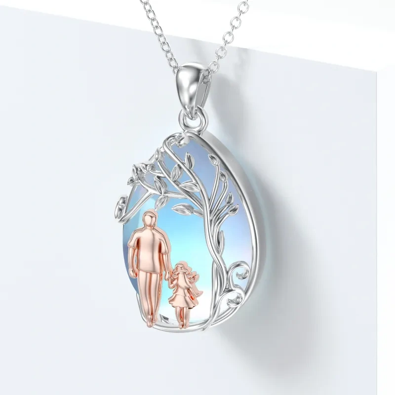 18K Silver & Rose Gold Moonstone Tree Of Life & Father & Daughter Pendant Necklace-3