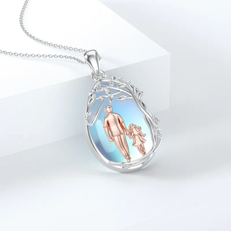 18K Silver & Rose Gold Moonstone Tree Of Life & Father & Daughter Pendant Necklace-4