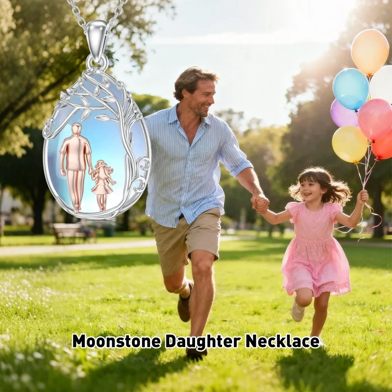 18K Silver & Rose Gold Moonstone Tree Of Life & Father & Daughter Pendant Necklace-5