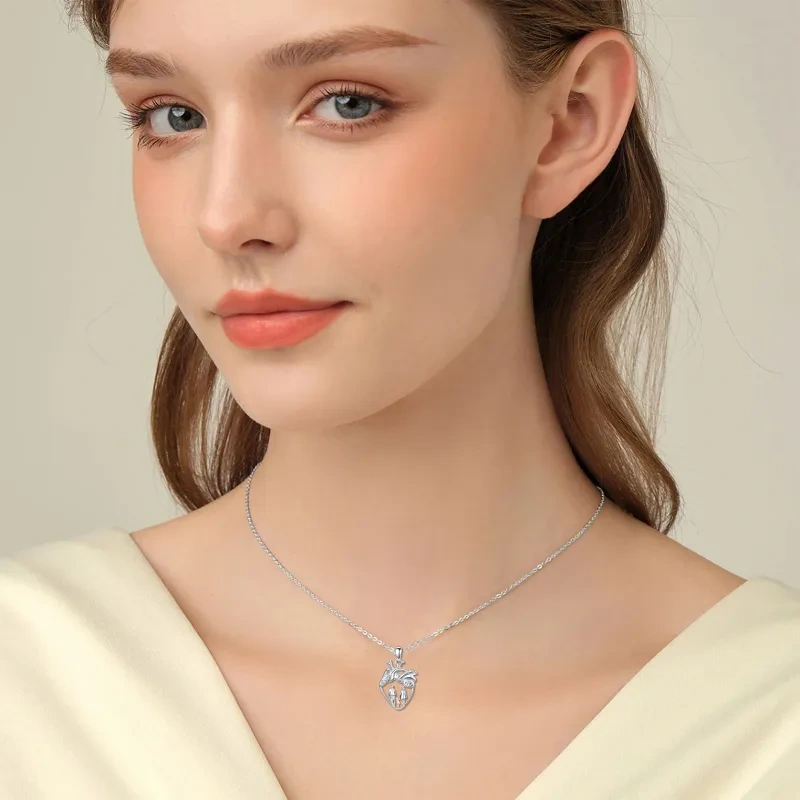10K Silver & Rose Gold Parents & Children & Heart Pendant Necklace-2