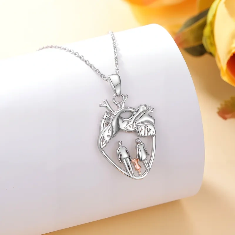 10K Silver & Rose Gold Parents & Children & Heart Pendant Necklace-3