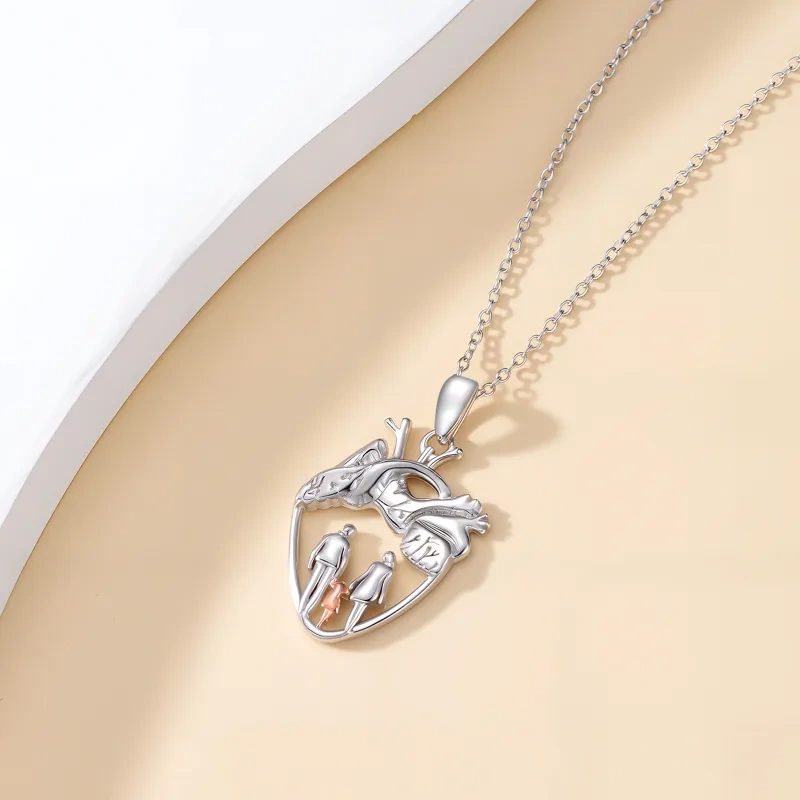 10K Silver & Rose Gold Parents & Children & Heart Pendant Necklace-4