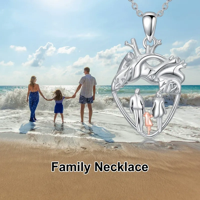 10K Silver & Rose Gold Parents & Children & Heart Pendant Necklace-5