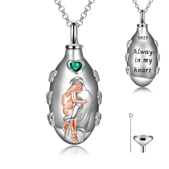 10K-Silber- und Roségold-Urnenhalskette für Asche mit personalisierbarem Geburtsstein, graviert und geeignet für Vater und Tochter
