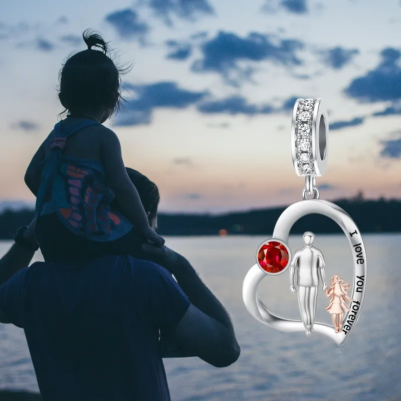 14K Silver & Rose Gold Personalized Birthstone & Father & Daughter Dangle Charm with Engraved Word-3