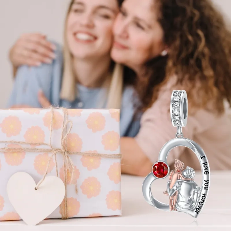 10K Silver & Rose Gold Personalized Birthstone & Father & Daughter & Heart Dangle Charm with Engraved Word-3