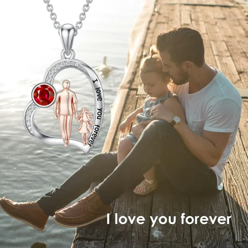 18K Silver & Rose Gold Personalized Birthstone & Father & Daughter & Heart Pendant Necklace-3
