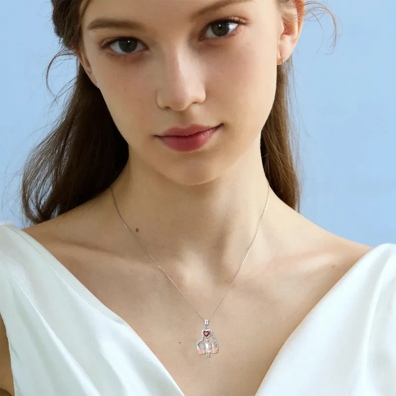 10K Silver & Rose Gold Personalized Birthstone & Father & Daughter & Heart Pendant Necklace-2