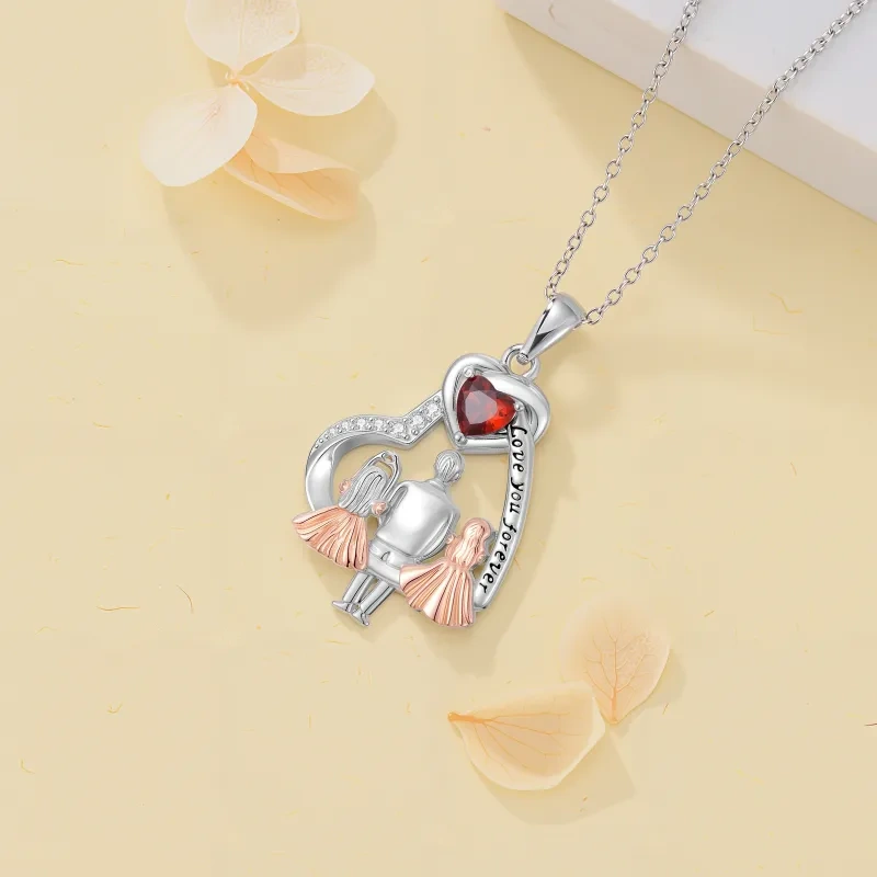 10K Silver & Rose Gold Personalized Birthstone & Father & Daughter & Heart Pendant Necklace-3