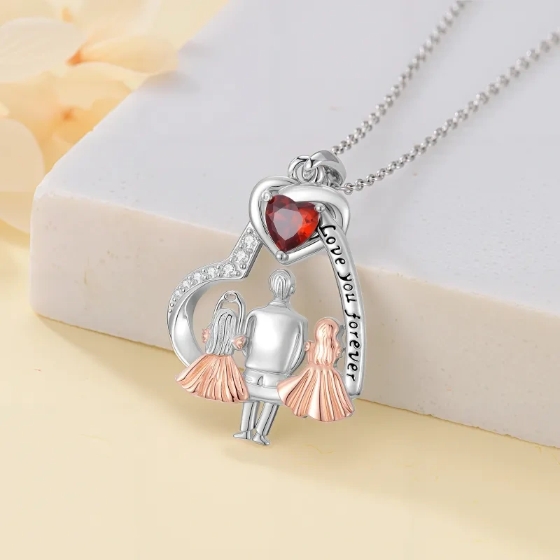 10K Silver & Rose Gold Personalized Birthstone & Father & Daughter & Heart Pendant Necklace-4