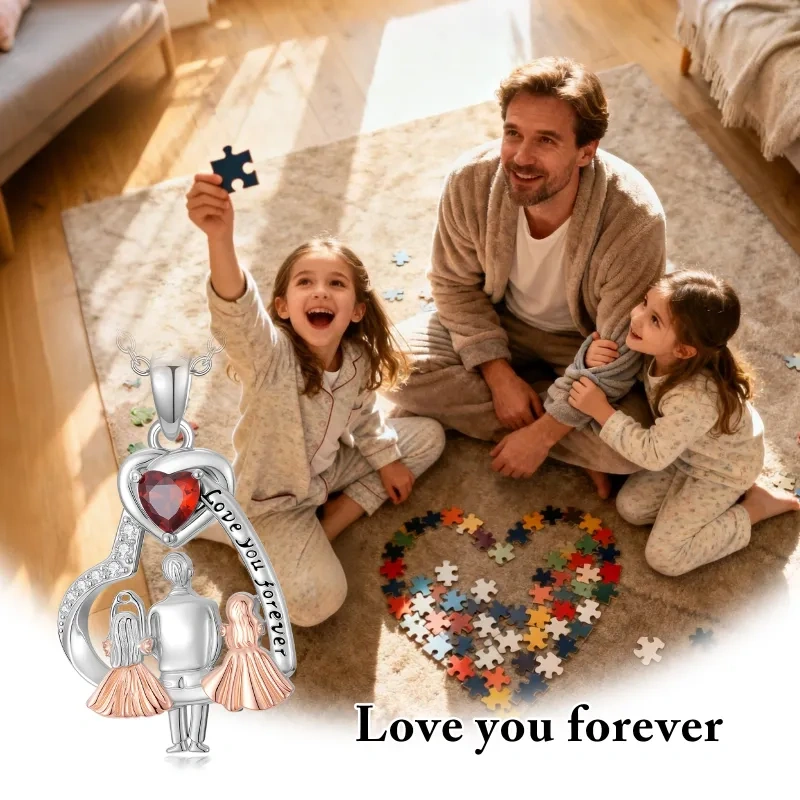 10K Silver & Rose Gold Personalized Birthstone & Father & Daughter & Heart Pendant Necklace-5
