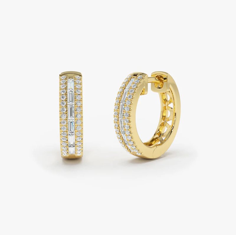 14K Solid Gold 0.5 CT.T.W. Pave Natural Diamonds and Baguette Hoop Earrings-1