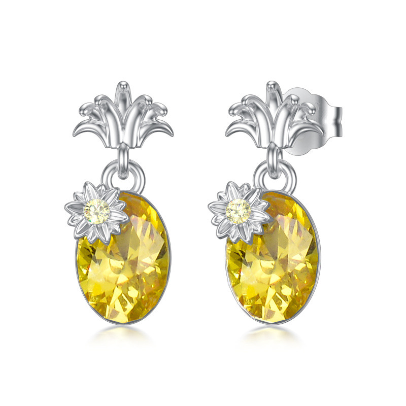 Pendientes de botón de oro blanco macizo de 10 quilates con forma de piña y citrino sintético.-1