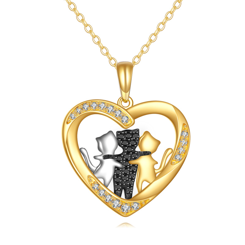 Dreifarbige Halskette aus 14 Karat massivem Gold mit Zirkonia und 3 Katzenanhängern-1