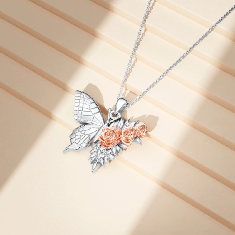 Collier papillon bicolore en or 18 carats avec rose pour femme-3