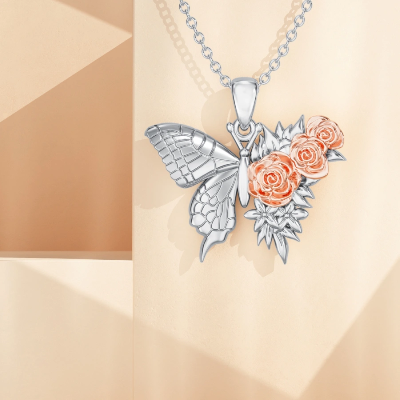 Collier papillon bicolore en or 18 carats avec rose pour femme-4