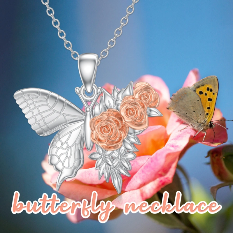 Collier papillon bicolore en or 18 carats avec rose pour femme-6