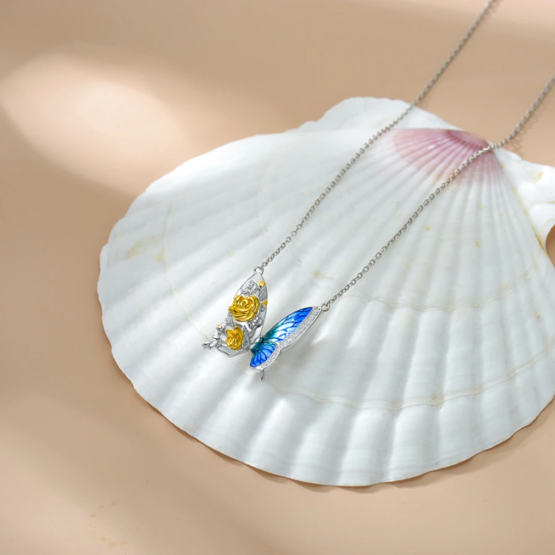 10K Two-tone Butterfly & Rose Necklace for Women-3