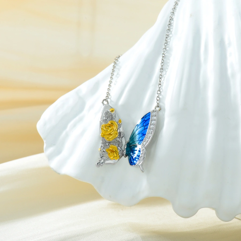 10K Two-tone Butterfly & Rose Necklace for Women-4