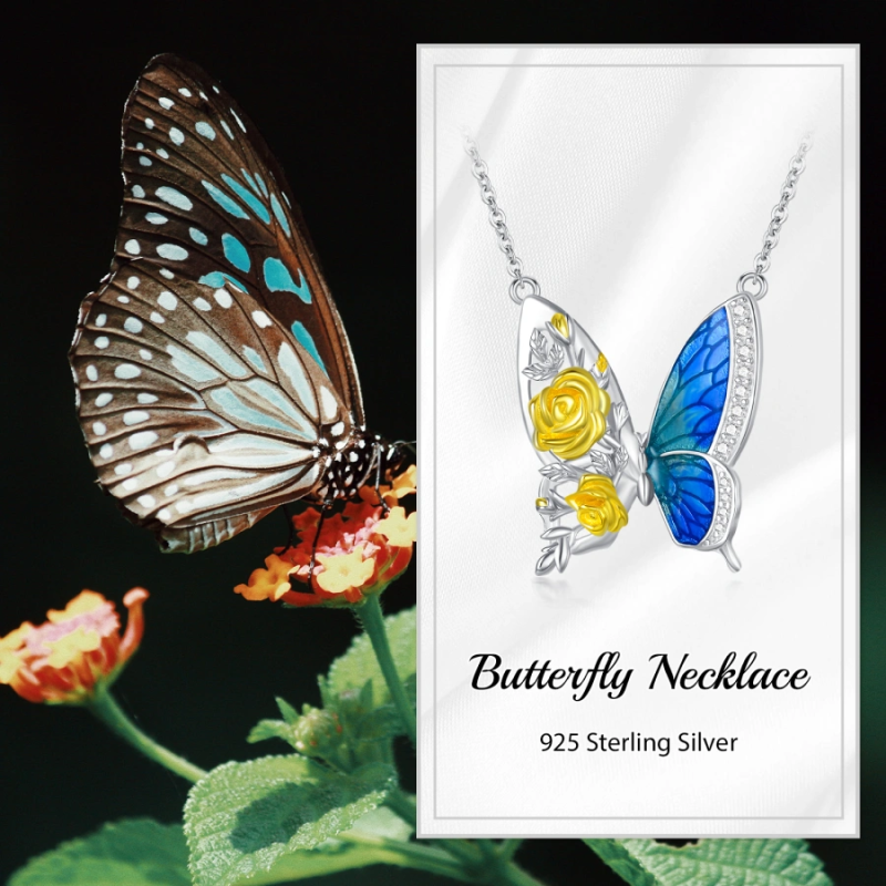 10K Two-tone Butterfly & Rose Necklace for Women-6