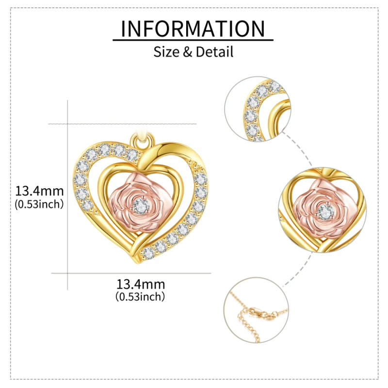 18K ツートンキュービックジルコニア ローズ＆ハート ハートネックレス（レディース）-5