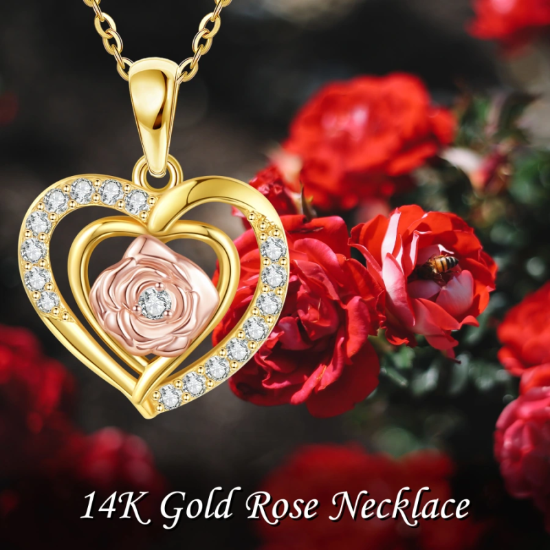 18K ツートンキュービックジルコニア ローズ＆ハート ハートネックレス（レディース）-6