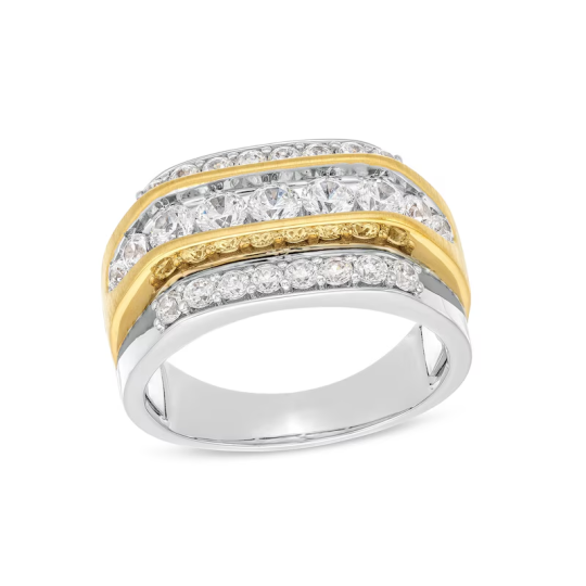 Anillo de bodas personalizado para hombre, en oro bicolor de 10 quilates, 2 quilates de peso total, con diamantes redondos creados en laboratorio, D VVS1-VS1