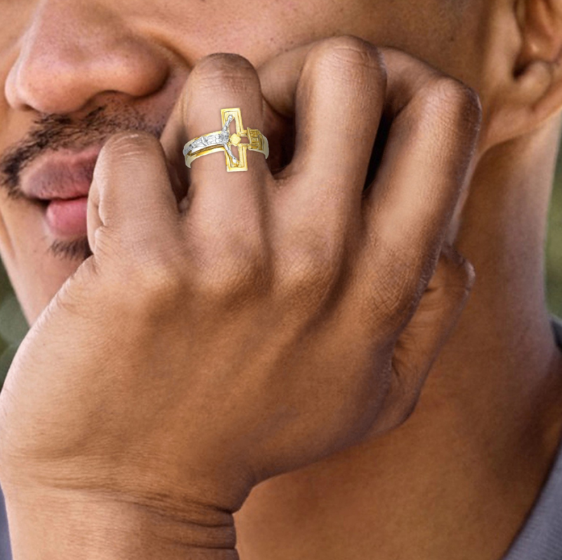 18K Two-Tone Gold Crucifix Ring for Men-2