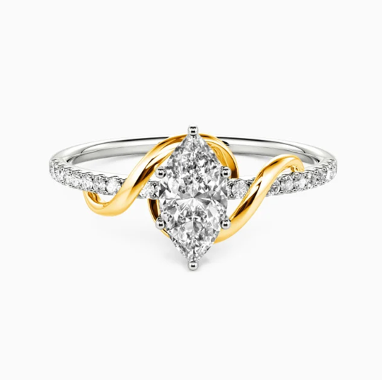 Anillo de compromiso de oro bicolor de 10 quilates con diamantes de talla marquesa, color D, claridad VVS-VS, certificado IGI 3EX.