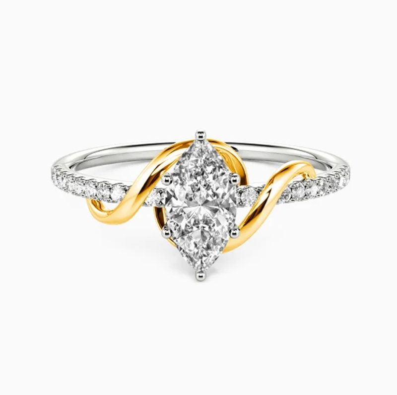 Anillo de compromiso de oro bicolor de 10 quilates con diamantes de talla marquesa, color D, claridad VVS-VS, certificado IGI 3EX.-1