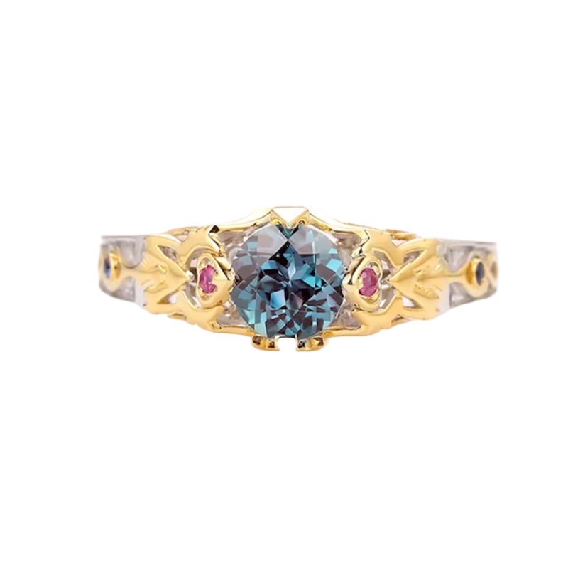 10 Karat zweifarbiger Goldring mit Alexandrit im Rundschliff, Zelda Triforce, Verlobungsring, Geburtsstein für Juni, für Sie-3