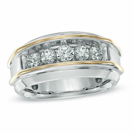 Anillo de bodas personalizado de oro bicolor de 10 quilates con cinco diamantes creados en laboratorio para hombre, D VVS1-VS1