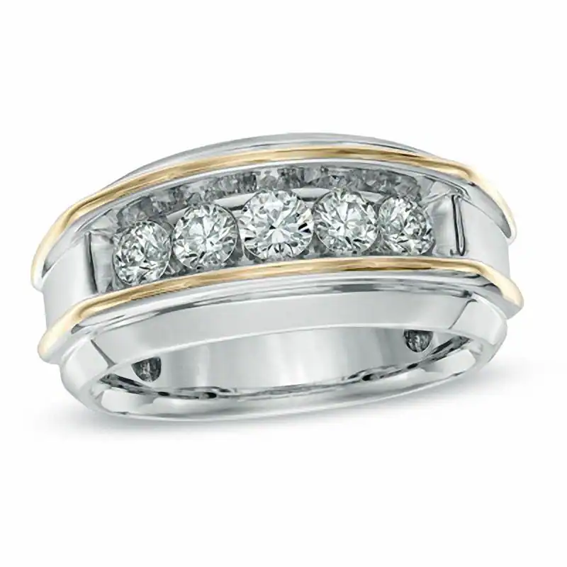 Anillo de bodas personalizado de oro bicolor de 10 quilates con cinco diamantes creados en laboratorio para hombre, D VVS1-VS1-18