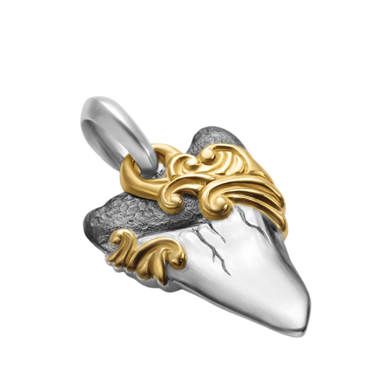 14-karätiges zweifarbiges Gold-Amulett mit Wellenmotiv und Haifischzahn-3