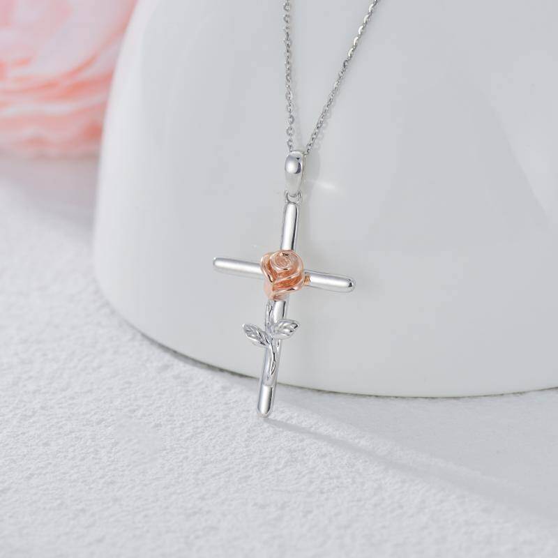 14K Two-Tone Rose & Cross Pendant Necklace For Women-3