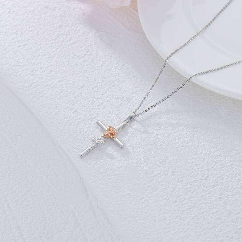 14K Two-Tone Rose & Cross Pendant Necklace For Women-4