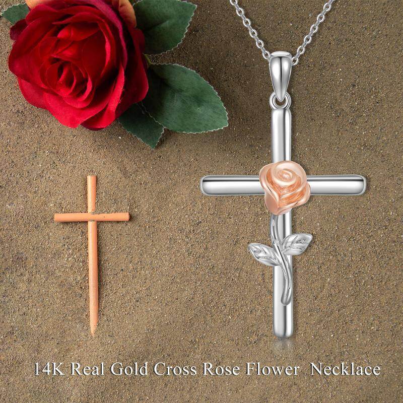 14K Two-Tone Rose & Cross Pendant Necklace For Women-6