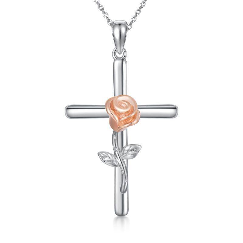 14K Two-Tone Rose & Cross Pendant Necklace For Women-1