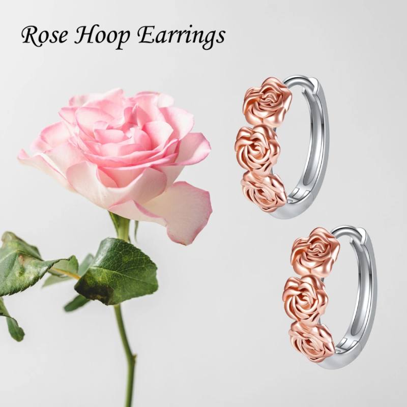 Zweifarbige Creolen mit Rosenmotiv aus 18 Karat für Damen-6