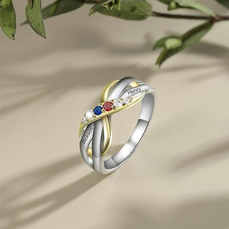 18K Two-tone Round Zircon PersonaIized Birthstone Name Infinity Ring-3
