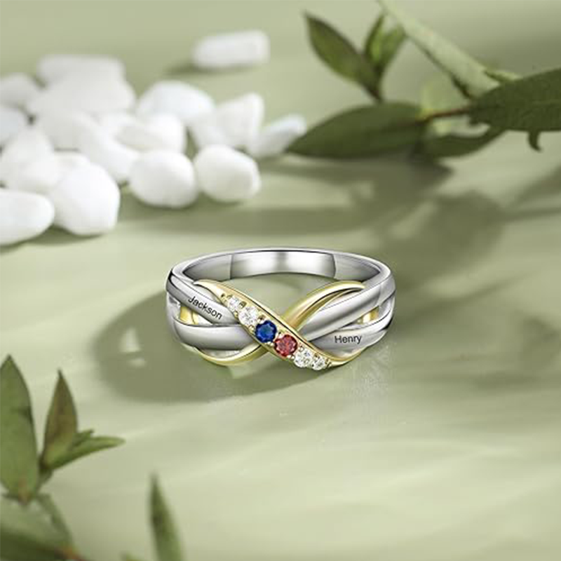 18K Two-tone Round Zircon PersonaIized Birthstone Name Infinity Ring-4