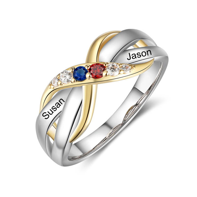 Anillo infinito con nombre de piedra natal personalizada y circonita circular de dos tonos de 10 quilates-5