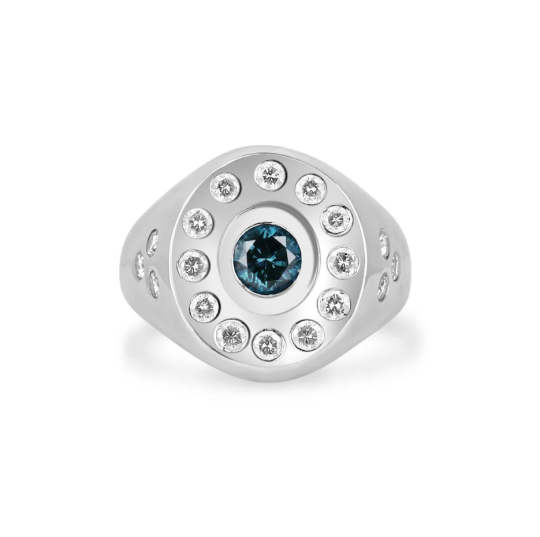 10-karatowe białe złoto, 1,2 ct.T.W., okrągły, laboratoryjnie stworzony diament i kamień szlachetny, gruba, gruba ramka, unisexowa, wyrazista obrączka
