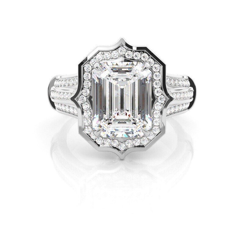 Anel de Noivado Personalizado com Halo em Ouro Branco de 18 quilates com Diamante de 1 Quilate em Corte Esmeralda Cultivado em Laboratório-1