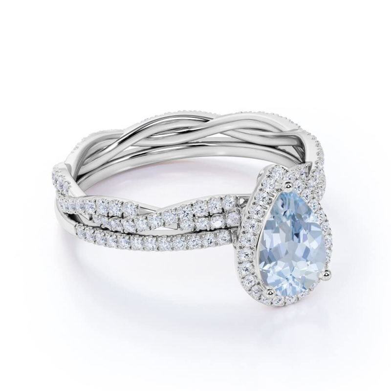 Conjunto nupcial de oro blanco 14K con aguamarina talla pera de 1 CT-4