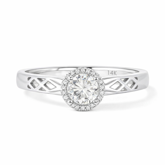 Anillo de compromiso personalizado de oro blanco de 14 quilates con diamantes de laboratorio de corte redondo de 1 a 3 quilates